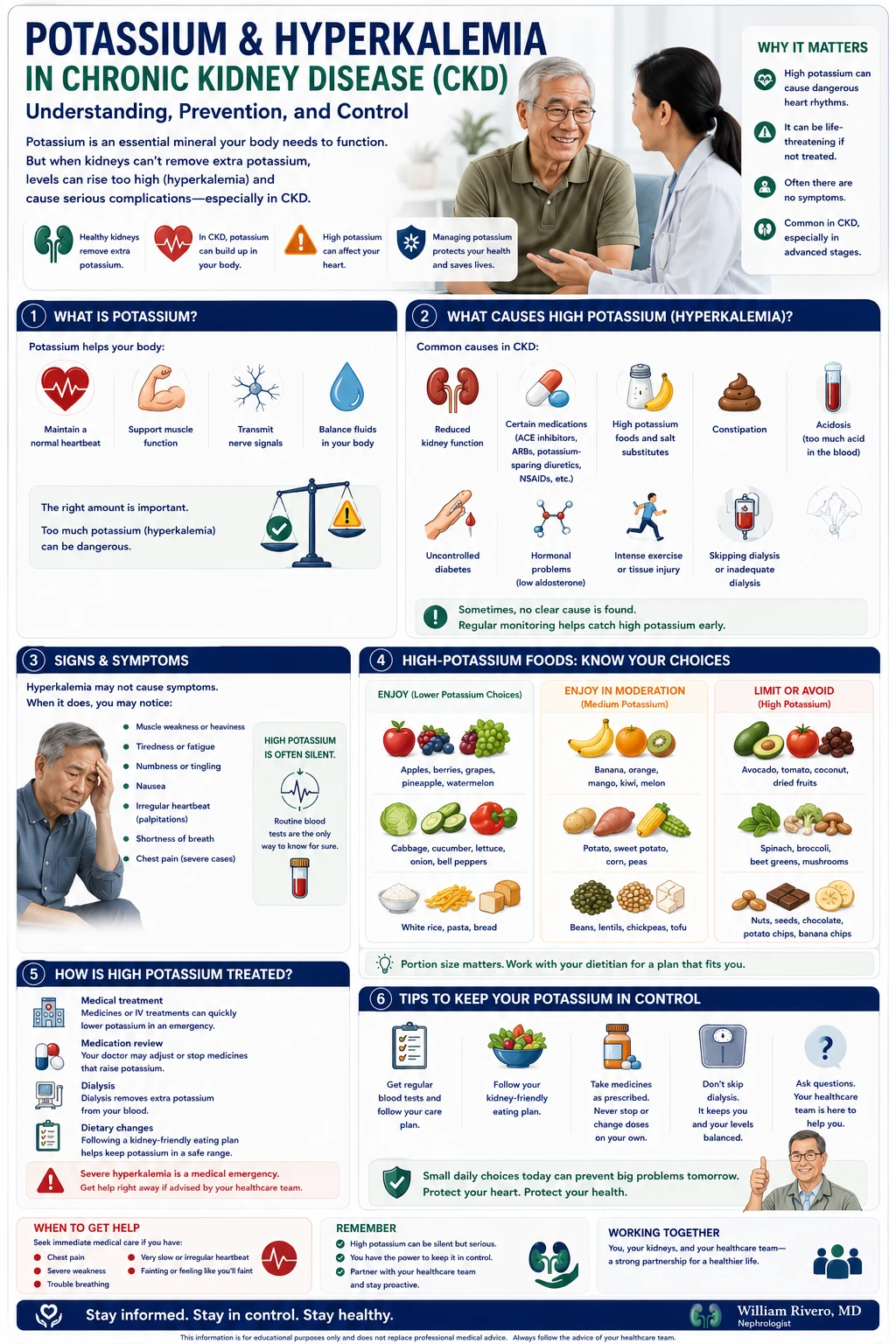 Hyperkalemia overview infographic — how potassium rises in CKD and its cardiac effects