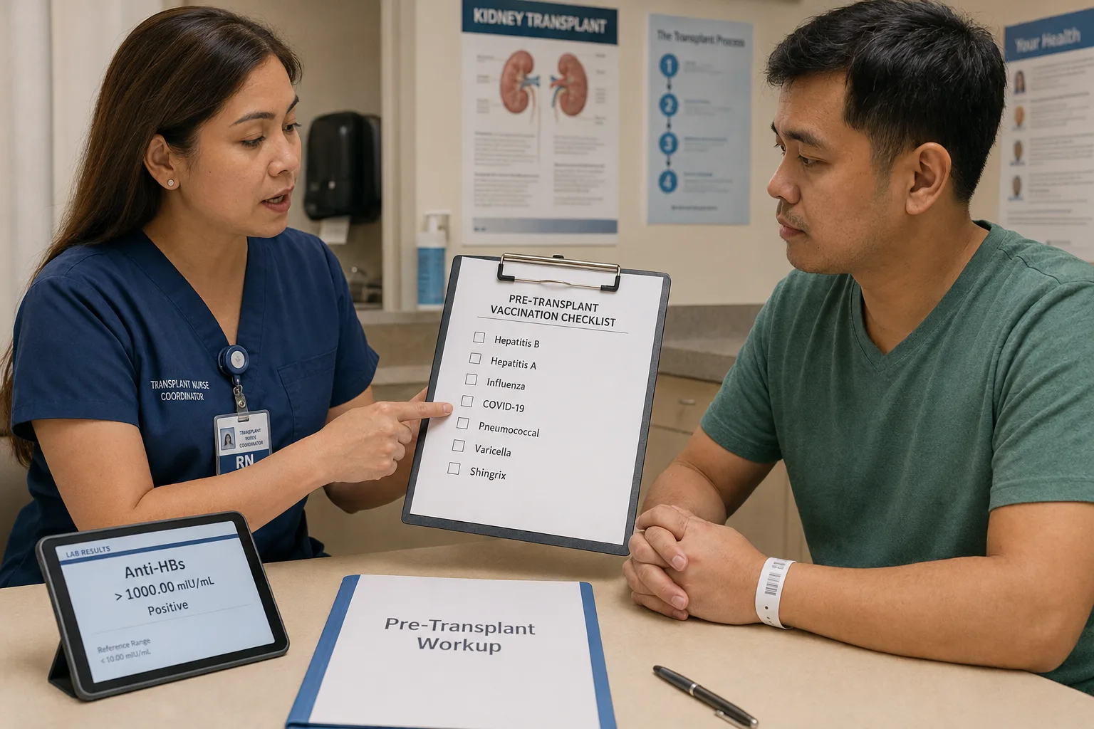 Pre-transplant vaccination checklist for CKD patients showing required vaccines before kidney transplant and immunosuppression