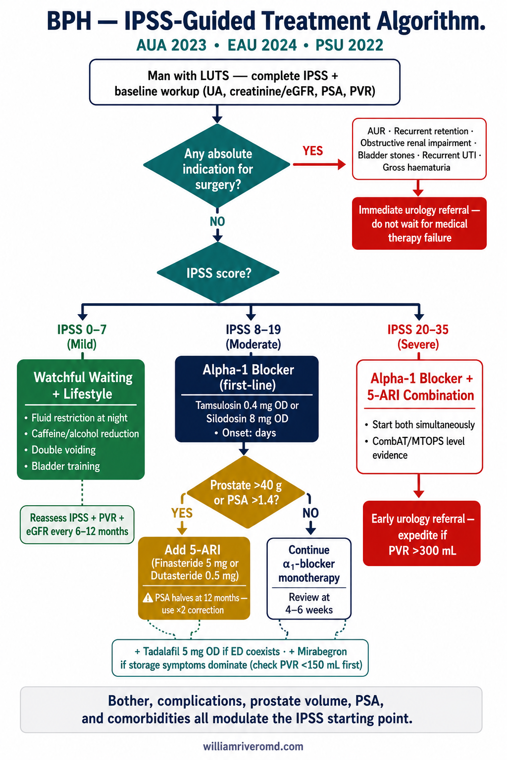 BPH IPSS treatment algorithm — mild 0-7 watchful waiting, moderate 8-19 alpha-blocker ± 5-ARI, severe 20-35 combination therapy and early urology referral, with surgical bypass lanes