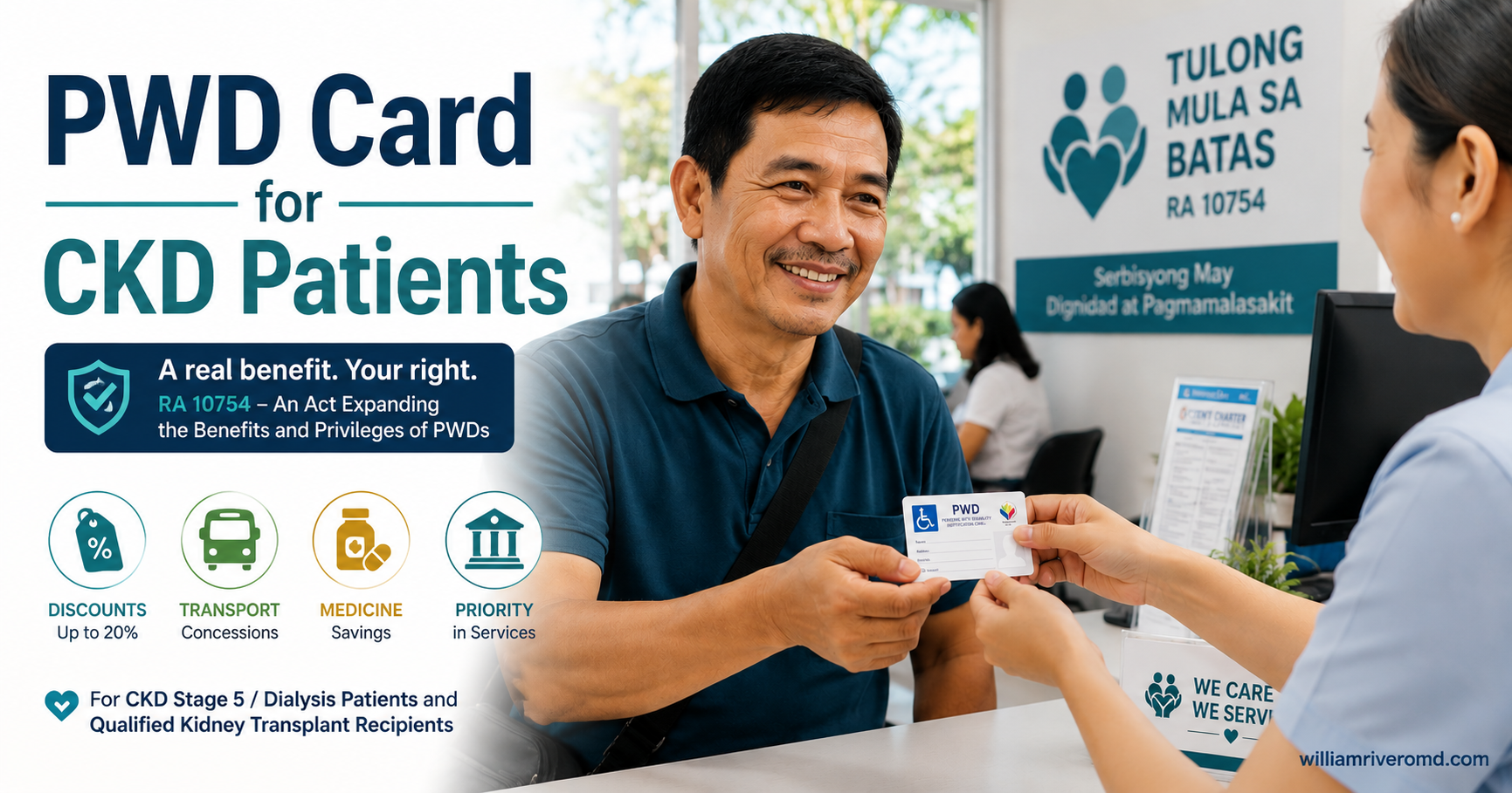 Filipino CKD patient receiving a PWD identification card at an LGU office, with PWD card benefits — 20% discount, transport concessions, medicine savings, priority services