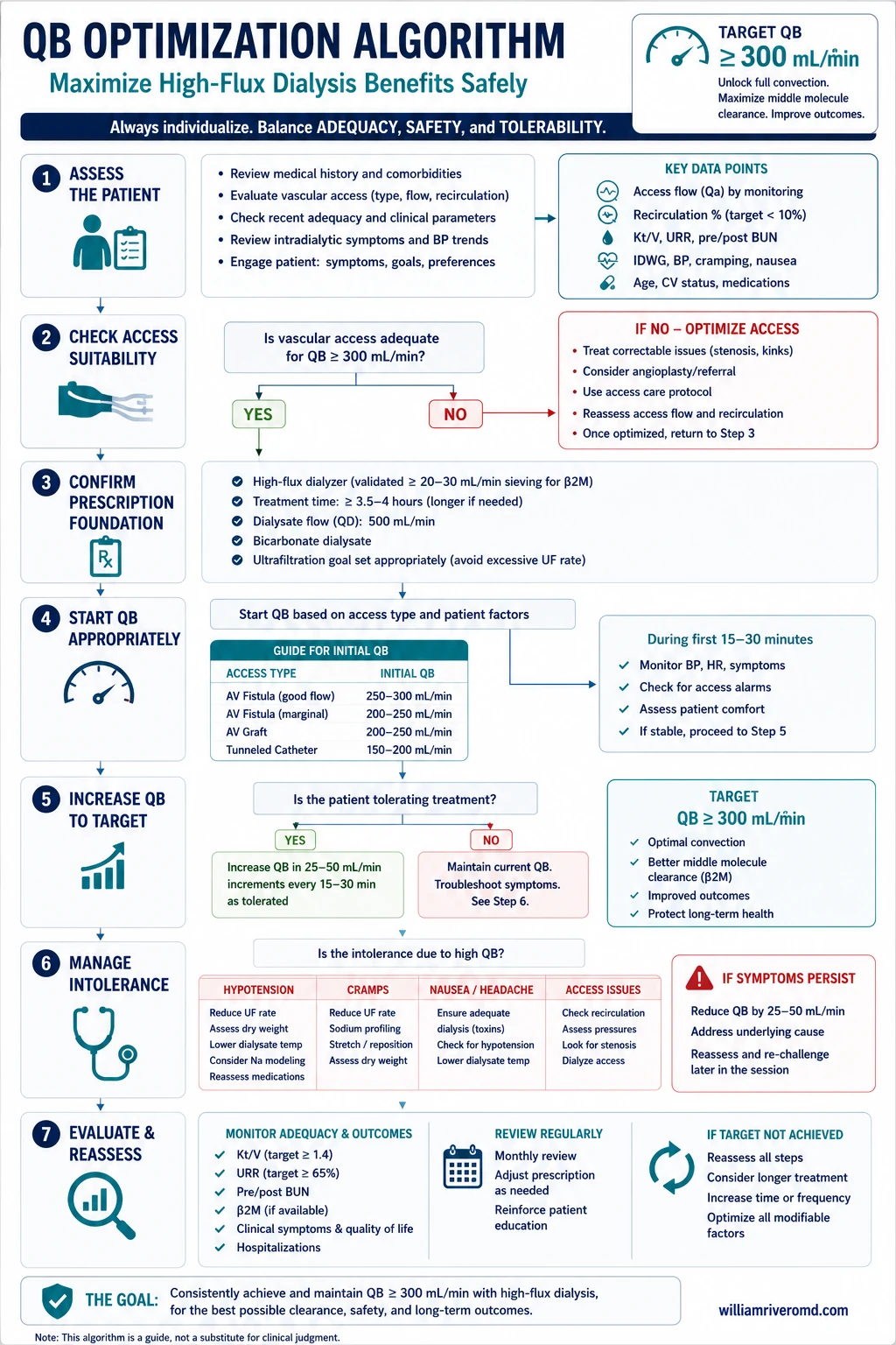 QB optimization decision algorithm for high-flux hemodialysis — stepwise pathway from QB assessment to target QB ≥300 mL/min