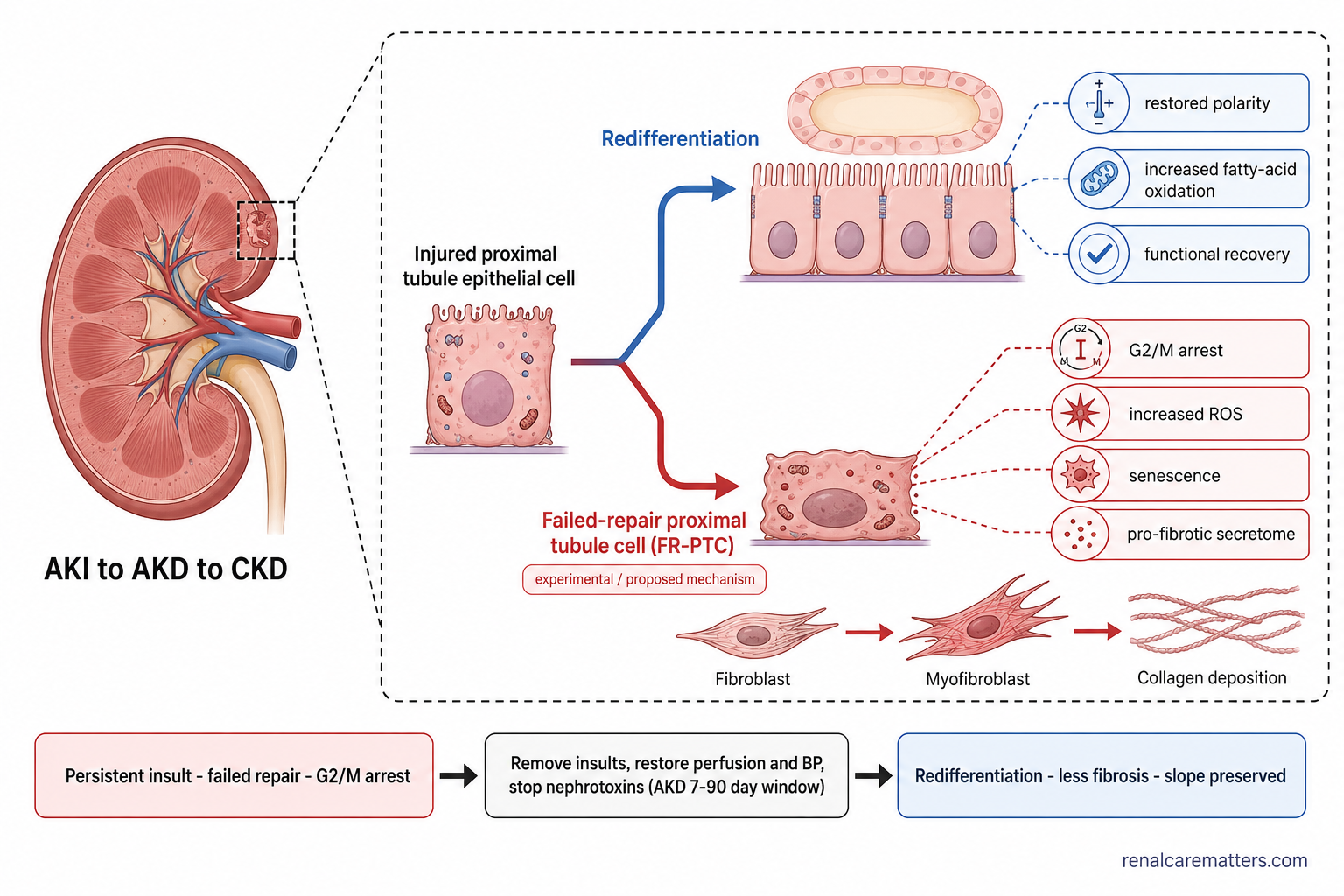 An injured proximal tubule cell at a fork — one path redifferentiates to a healthy tubule, the other becomes a failed-repair cell in G2/M arrest that drives a fibroblast to lay down scar — with the 7–90-day window as the intervention point.