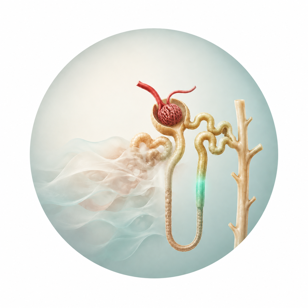 A conceptual nephron with four translucent concealment veils on one side and a four-band plasticity timeline on the other, over a periwinkle clinical field.