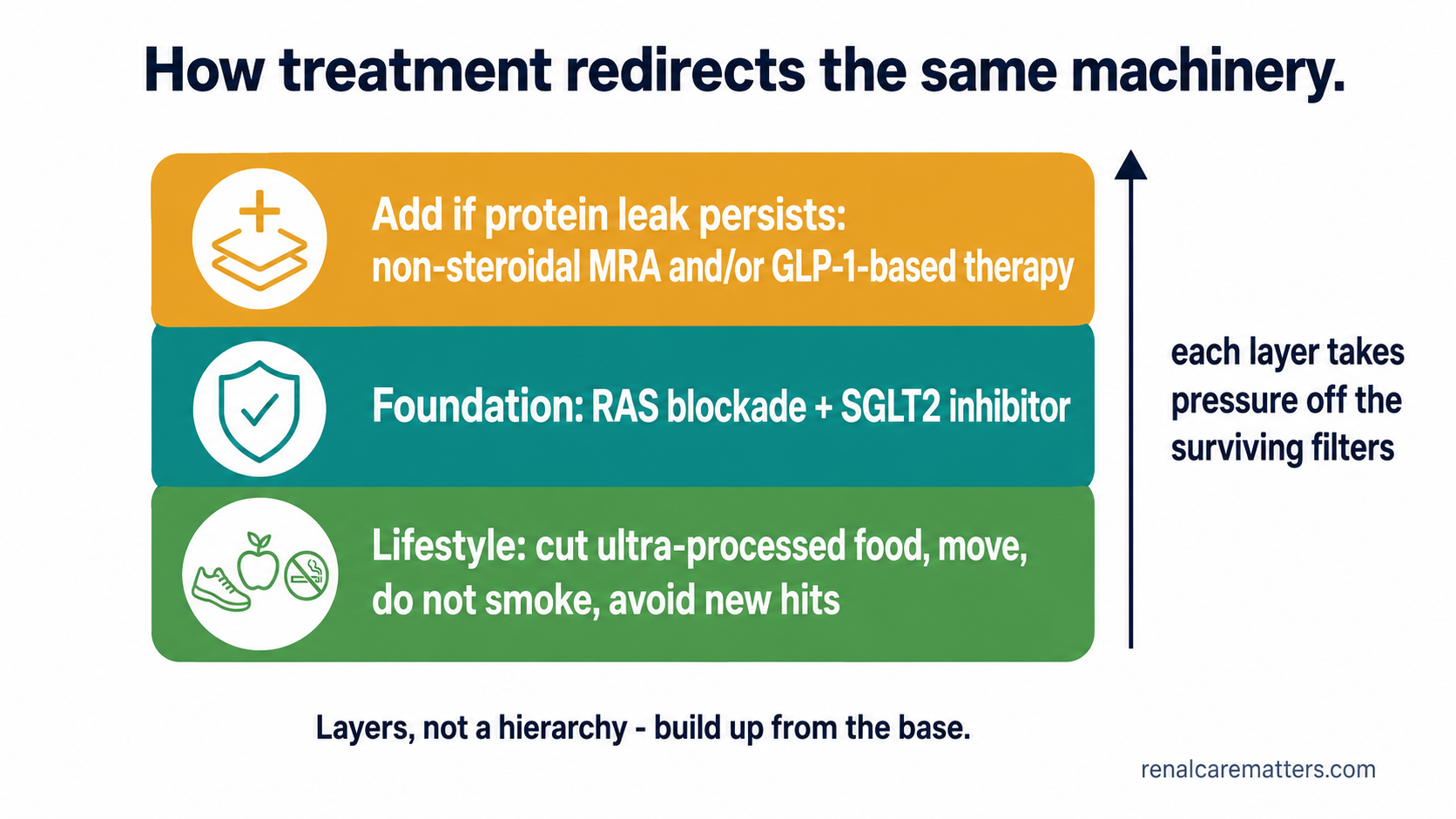 A layered stack — lifestyle at the base, then two kidney-protective medicines as the foundation, and extra medicines added on top when protein leak persists — each layer taking pressure off the surviving filters.
