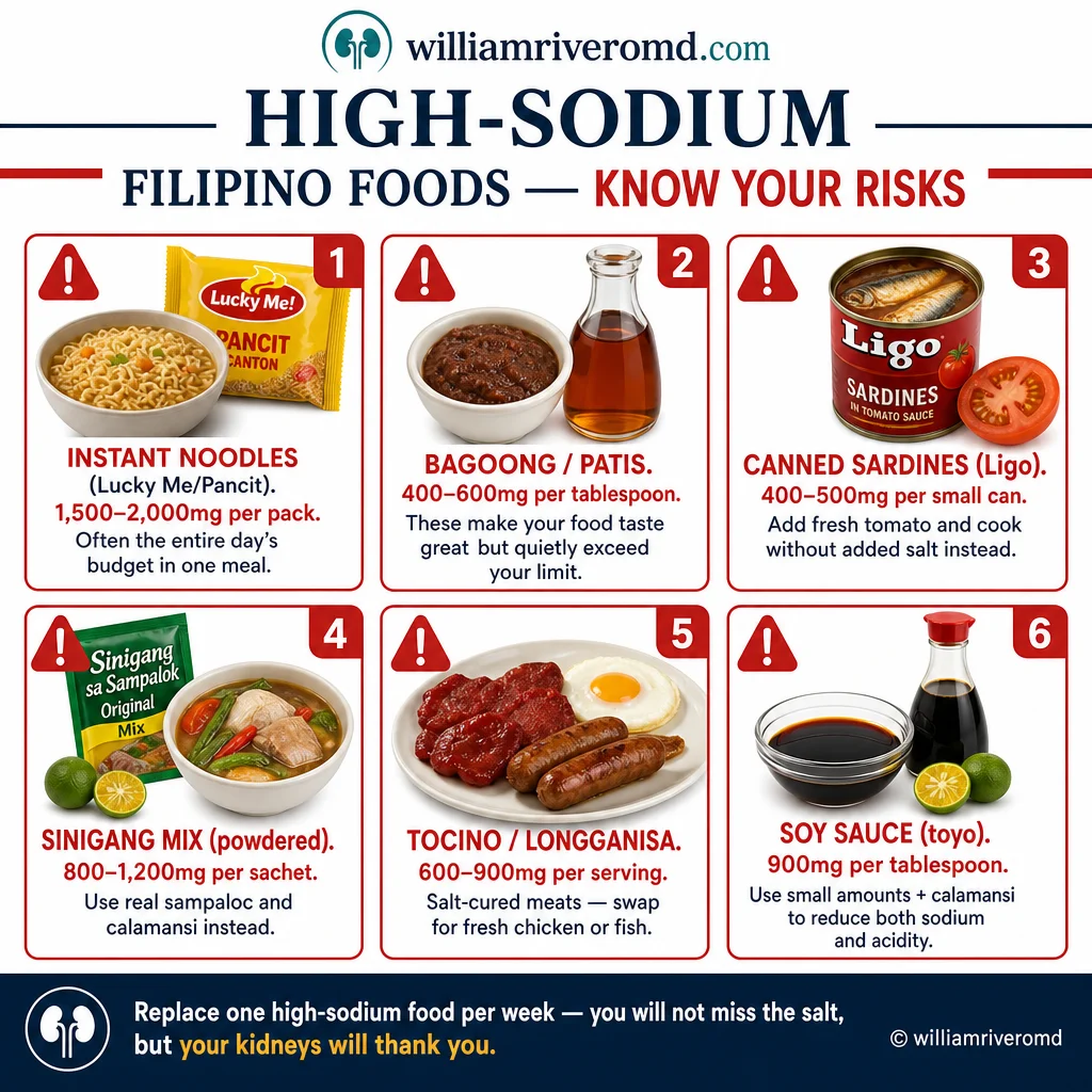 Filipino foods ranked by sodium content per standard serving, color-coded by CKD safety