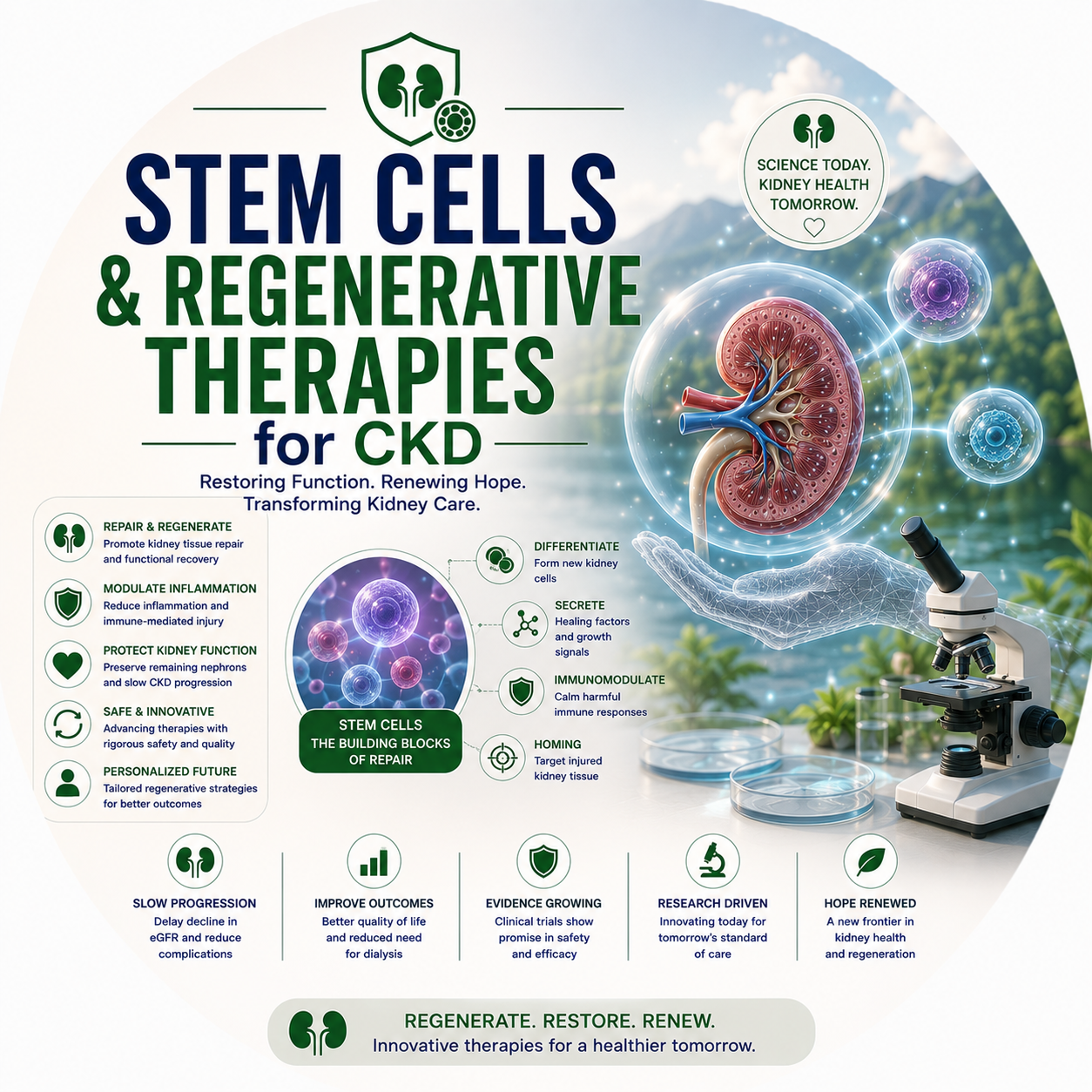Circular vignette hero illustration for the stem cells and CKD guide.