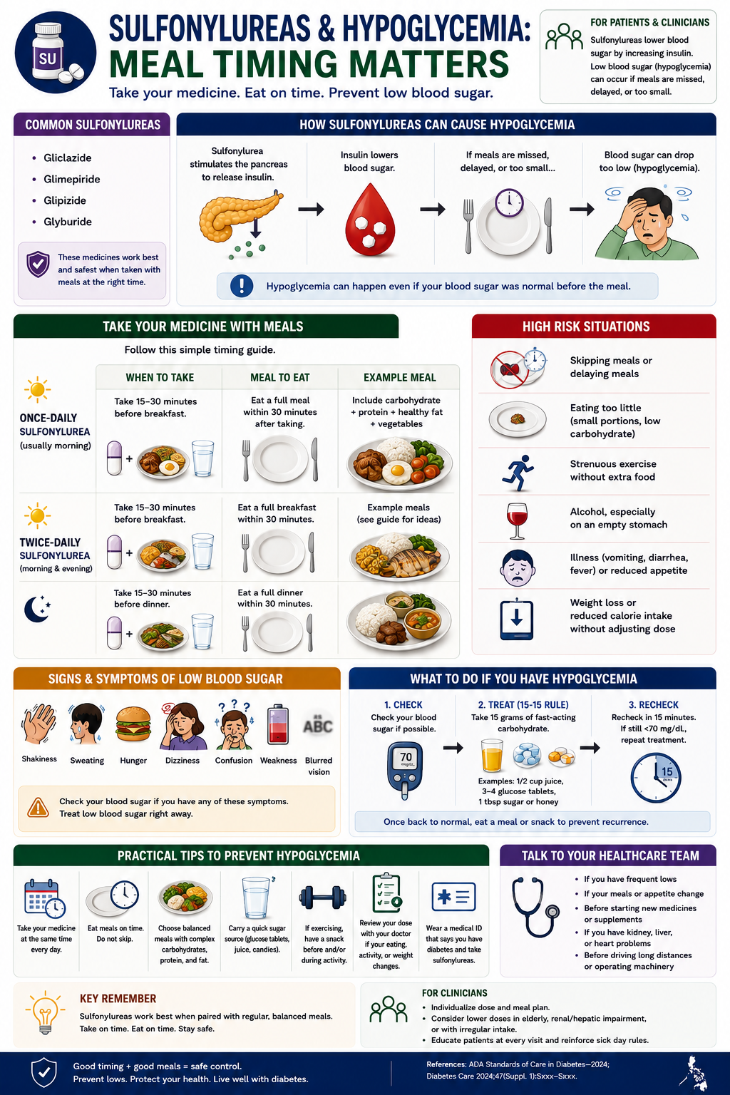 Daily timeline showing sulfonylurea-induced hypoglycaemia in a typical Filipino schedule — morning dose at 7AM, skipped merienda at 11AM leading to hypoglycaemia at 1PM, delayed dinner due to commute causing second episode at 8PM, with intervention points marked