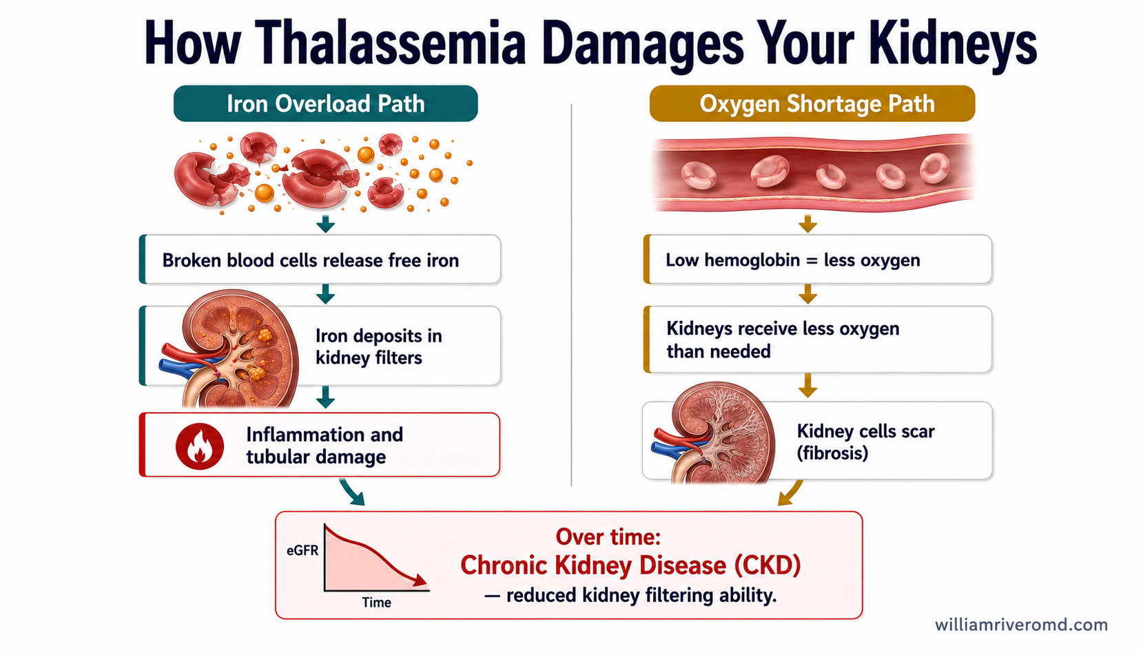 Two-pathway diagram showing how iron overload and chronic anemia each damage the kidneys, converging in CKD progression