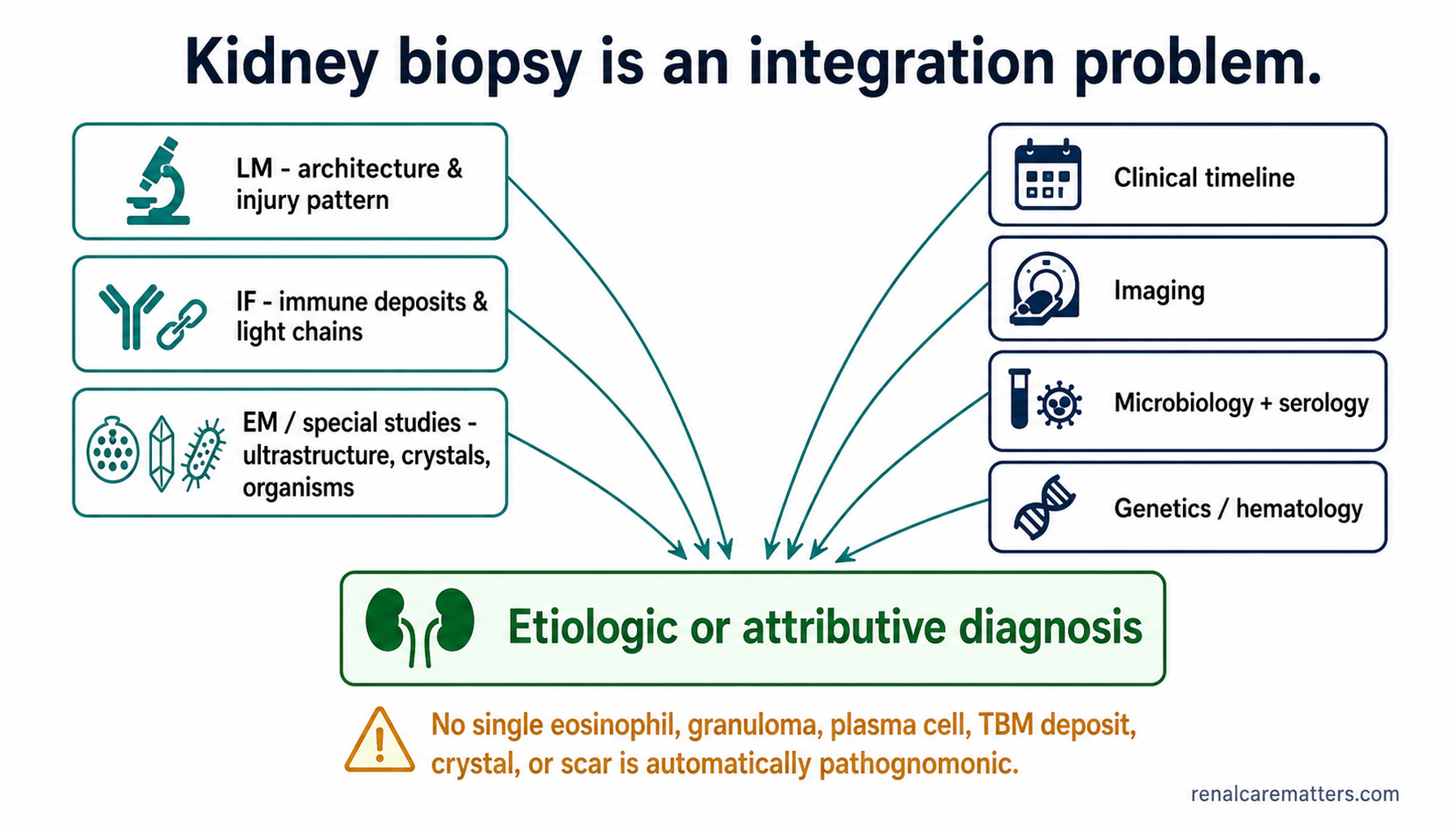 Integration diagram: light microscopy, immunofluorescence, and electron microscopy plus clinical timeline, imaging, microbiology and serology, and genetics and hematology converge on an etiologic or attributive diagnosis, under the caution that no single feature is pathognomonic.