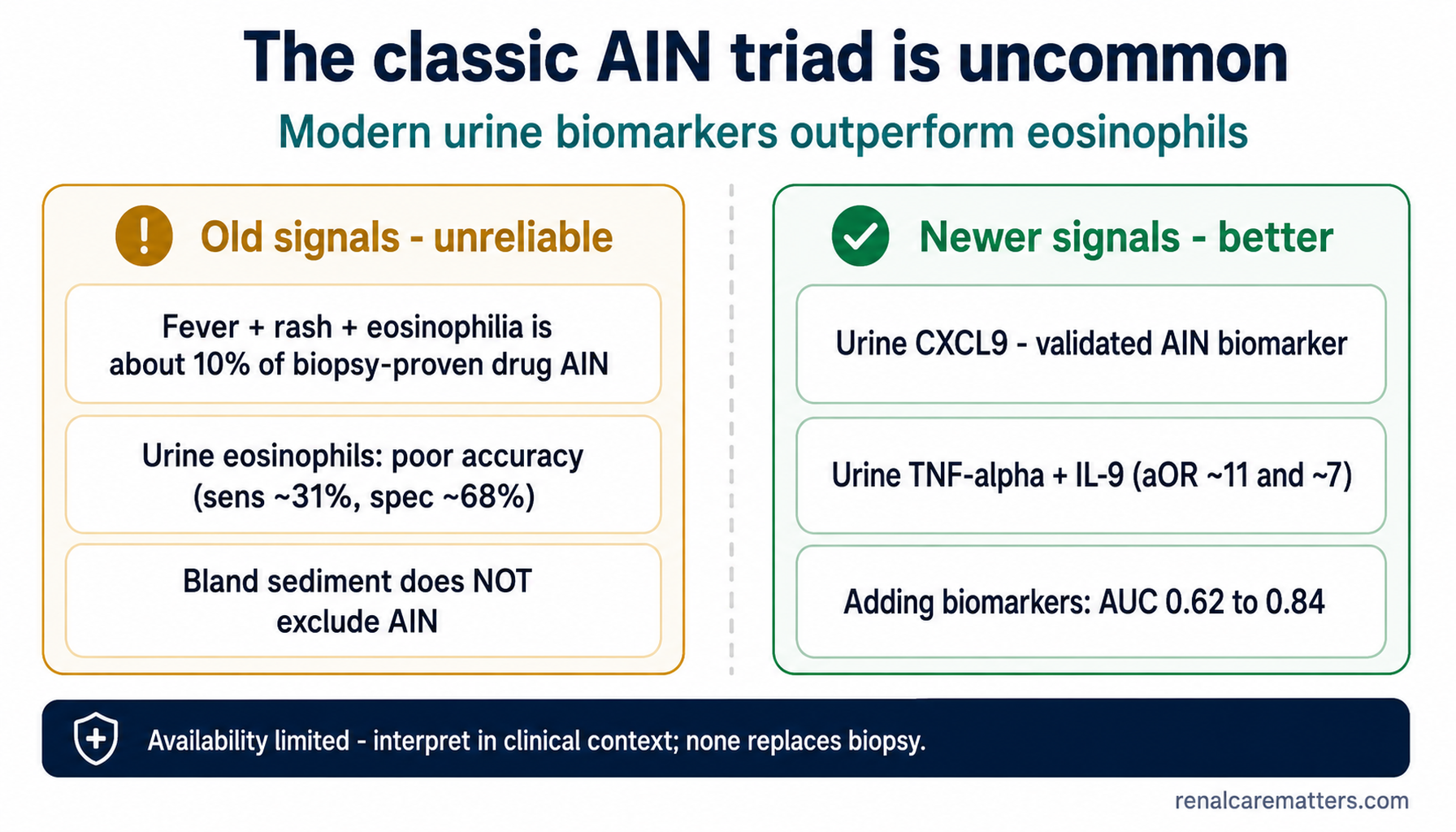 Comparison panel: the classic fever–rash–eosinophilia triad occurs in only about 10% of biopsy-proven drug-induced AIN and urine eosinophils perform poorly, while modern urine biomarkers CXCL9 and TNF-α/IL-9 discriminate far better.