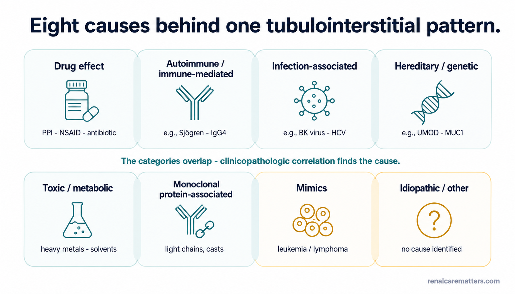 Eight translucently overlapping cards — drug effect, autoimmune, infection-associated, hereditary, toxic/metabolic, monoclonal, mimics, and idiopathic — signalling that the etiologic categories of tubulointerstitial injury co-occur.