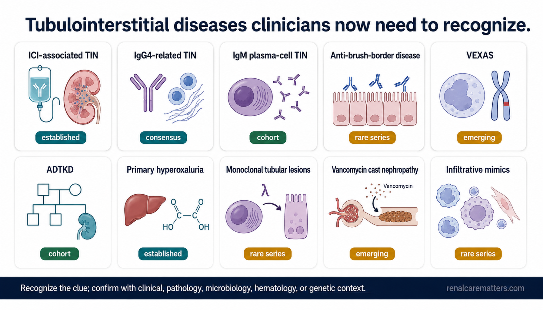 A two-row atlas of ten emerging tubulointerstitial entities — ICI-associated TIN, IgG4-related TIN, IgM plasma-cell TIN, anti-brush-border disease, VEXAS, ADTKD, primary hyperoxaluria, monoclonal tubular lesions, vancomycin cast nephropathy, and infiltrative mimics — each with an evidence badge.