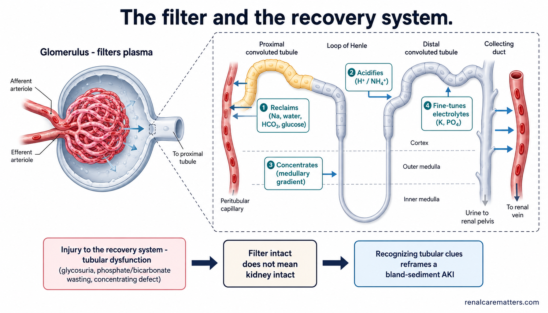 Review-article schematic contrasting the glomerulus, which filters plasma, with the nephron tubule, which reclaims solute and water, acidifies, concentrates, and fine-tunes electrolytes; arrows return useful solutes to a peritubular capillary.
