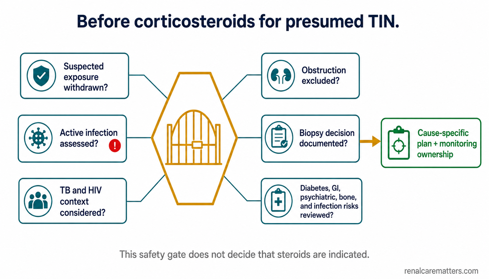A safety-gate graphic with six checkpoints — exposure withdrawn, active infection assessed, TB and HIV context, obstruction excluded, biopsy decision documented, and organ-risk review — before any empirical corticosteroid decision, stating the gate does not decide that steroids are indicated.