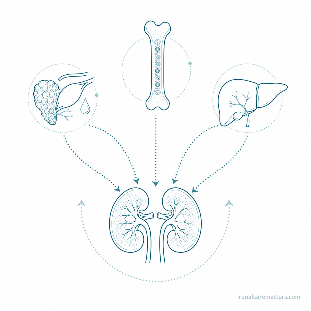 Minimal line-art sigil: a salivary/lacrimal gland (IgG4), bone marrow (VEXAS), and liver (oxalate) connected by dotted arrows down to the kidneys — tubulointerstitial injury often begins outside the kidney.