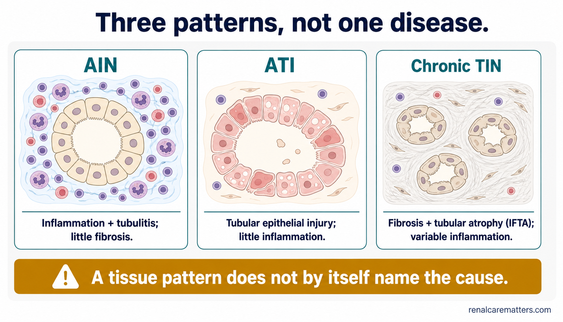 Three-card comparison of acute interstitial nephritis (inflammation and tubulitis), acute tubular injury (epithelial injury, little inflammation), and chronic tubulointerstitial nephritis (fibrosis and tubular atrophy), under a caution strip that a tissue pattern does not name the cause.