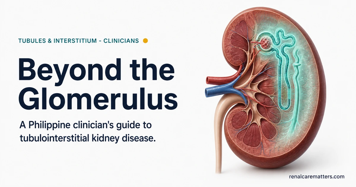 Beyond the Glomerulus — a Philippine clinician's guide to tubulointerstitial kidney disease, showing a kidney cutaway with a highlighted nephron tubule and surrounding interstitium.