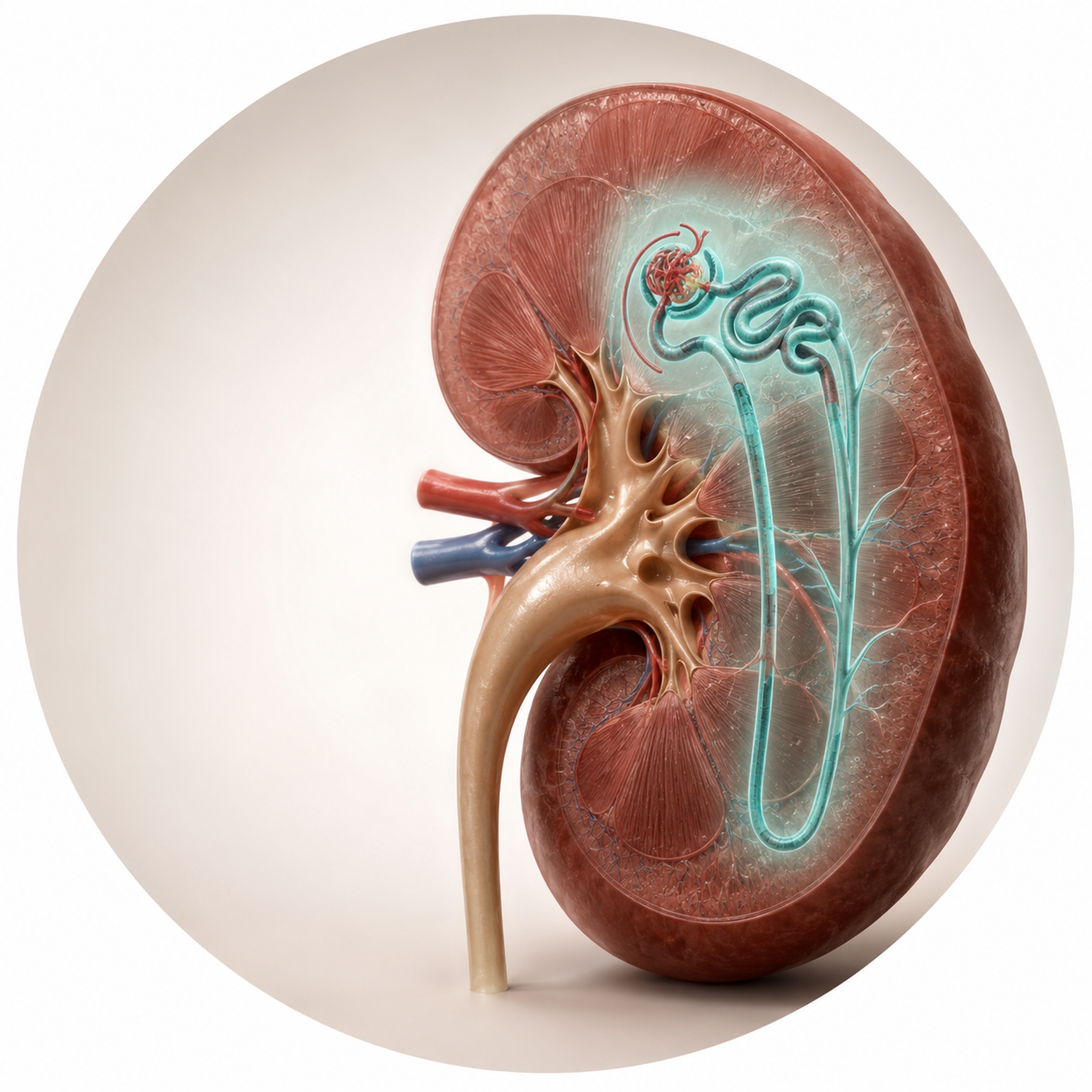 Circular vignette hero — a semi-photorealistic kidney with one enlarged nephron whose tubular segments glow teal against a pale-mint interstitial halo, the glomerulus small; the tubule is the hero.