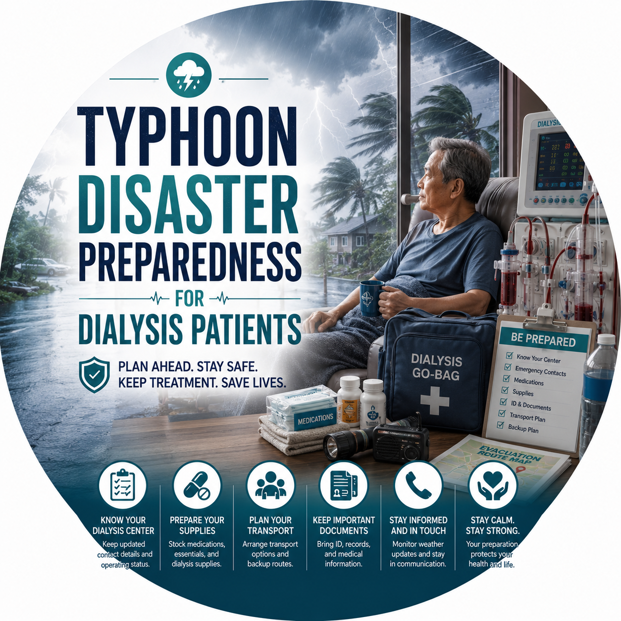 Circular vignette hero illustration for the typhoon and disaster preparedness in dialysis guide.