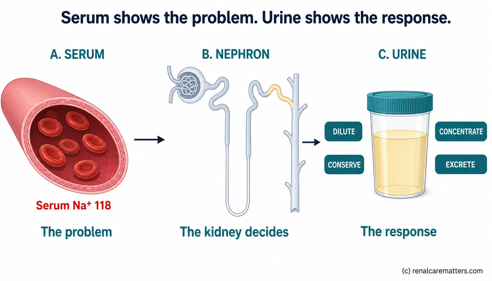 Split mechanism figure titled Serum shows the problem, urine shows the response. Left: bloodstream with a serum abnormality (low sodium). Center: a nephron. Right: a urine specimen cup labelled with four response verbs — dilute, concentrate, conserve, excrete — showing that the kidney's handling, not the blood value, is what the urine reveals.