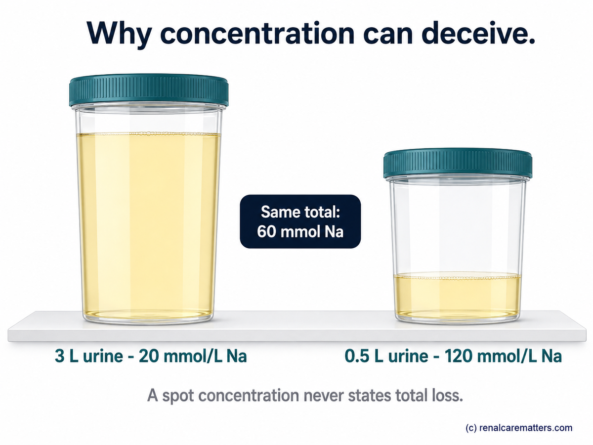 Two urine specimen containers side by side, each holding an identical total sodium excretion of 60 millimoles. The left cup holds 3 litres at 20 millimoles per litre; the right holds 0.5 litres at 120 millimoles per litre. A caption underlines that the concentrations differ sixfold while the total sodium loss is identical.