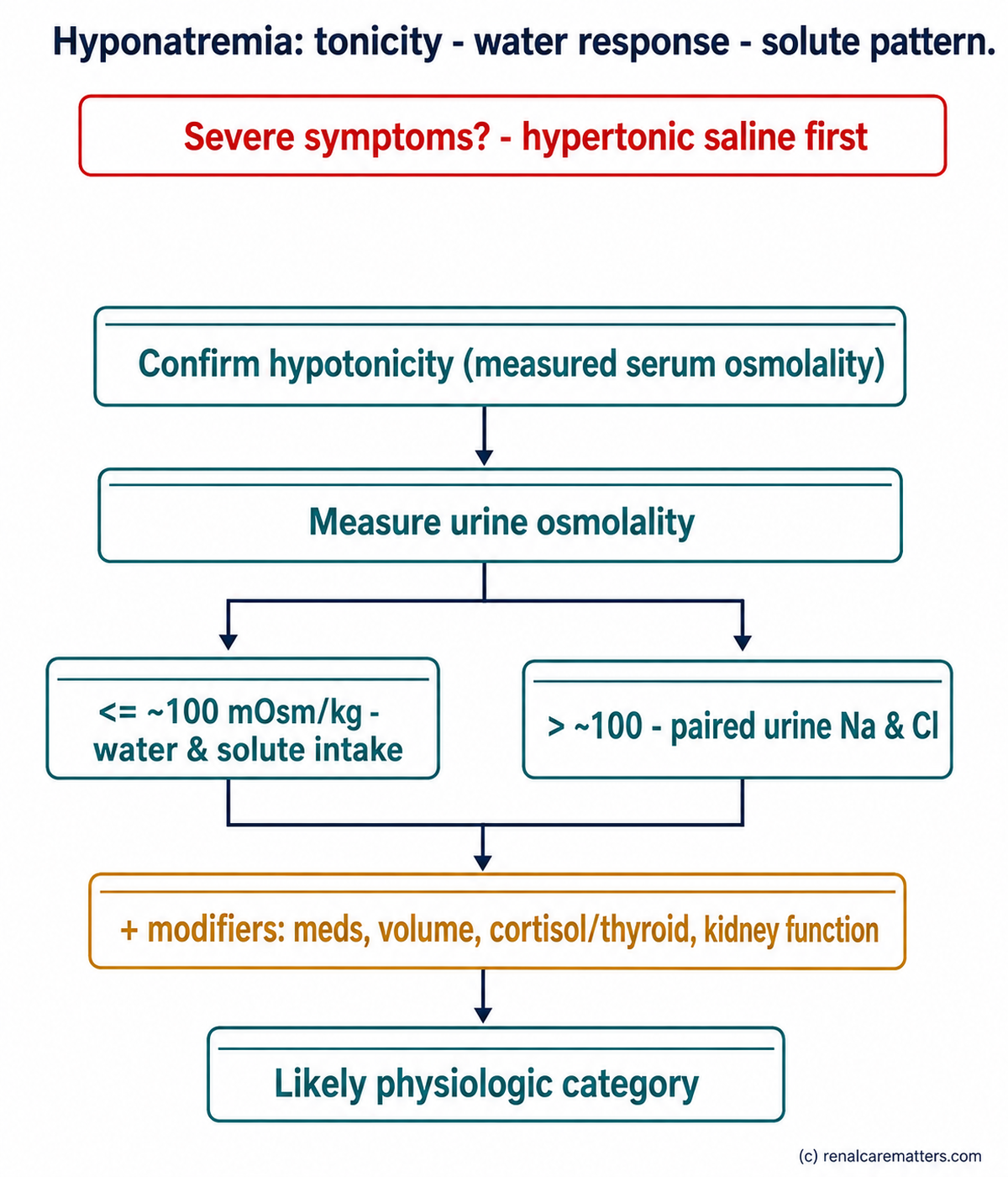Hyponatremia diagnostic pathway flowchart. Top: a visually separated emergency banner for severe symptoms leading to hypertonic saline. Main path: confirm hypotonicity by measured serum osmolality, then measure urine osmolality; a branch at 100 milliosmoles per kilogram sends low values to water and solute intake and higher values to paired urine sodium and chloride with modifiers (medications, volume state, cortisol and thyroid) ending in a likely physiologic category.