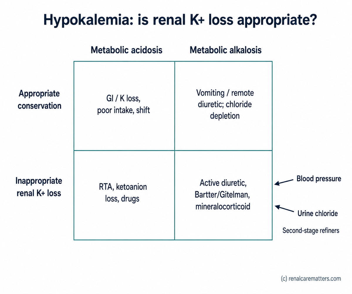A two-by-two hypokalemia matrix. One axis is renal potassium conservation versus renal potassium wasting; the other axis is metabolic acidosis versus metabolic alkalosis. Each of the four cells lists the main directions, and two second-stage refiners — blood pressure and urine chloride — are drawn as arrows entering the wasting-with-alkalosis cell.