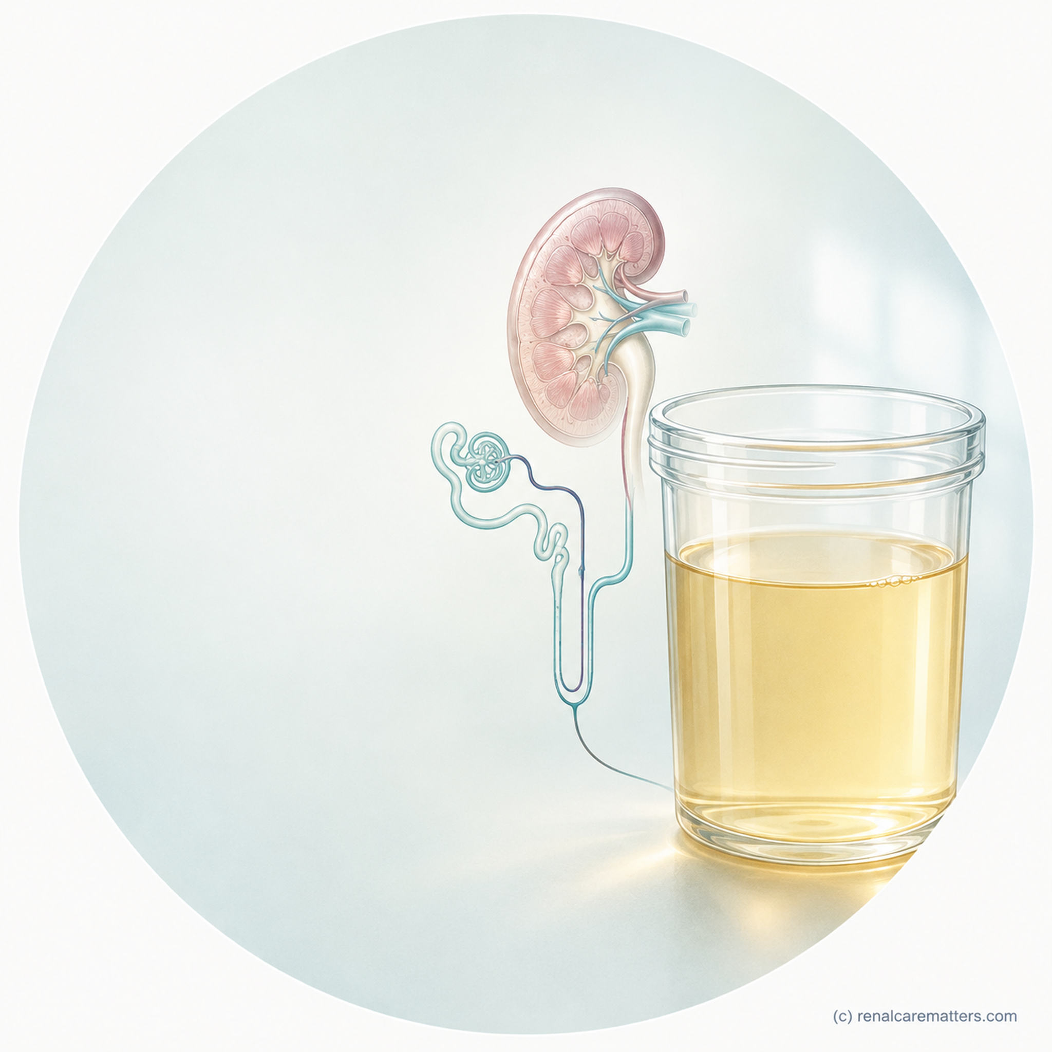 Circular vignette hero — a clinician at the bedside reading a clear urine specimen cup beside a simplified kidney and nephron, with four response cues: dilute, concentrate, conserve, excrete.