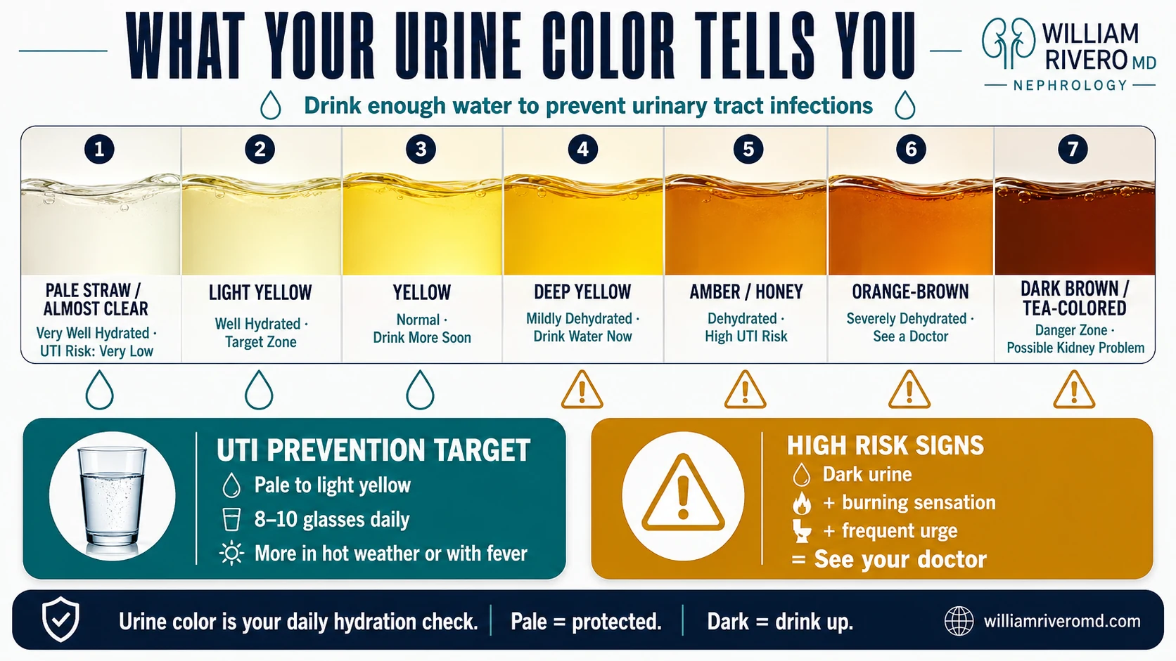 Urine color hydration chart — pale yellow is ideal, dark amber means dehydrated and at risk for UTI
