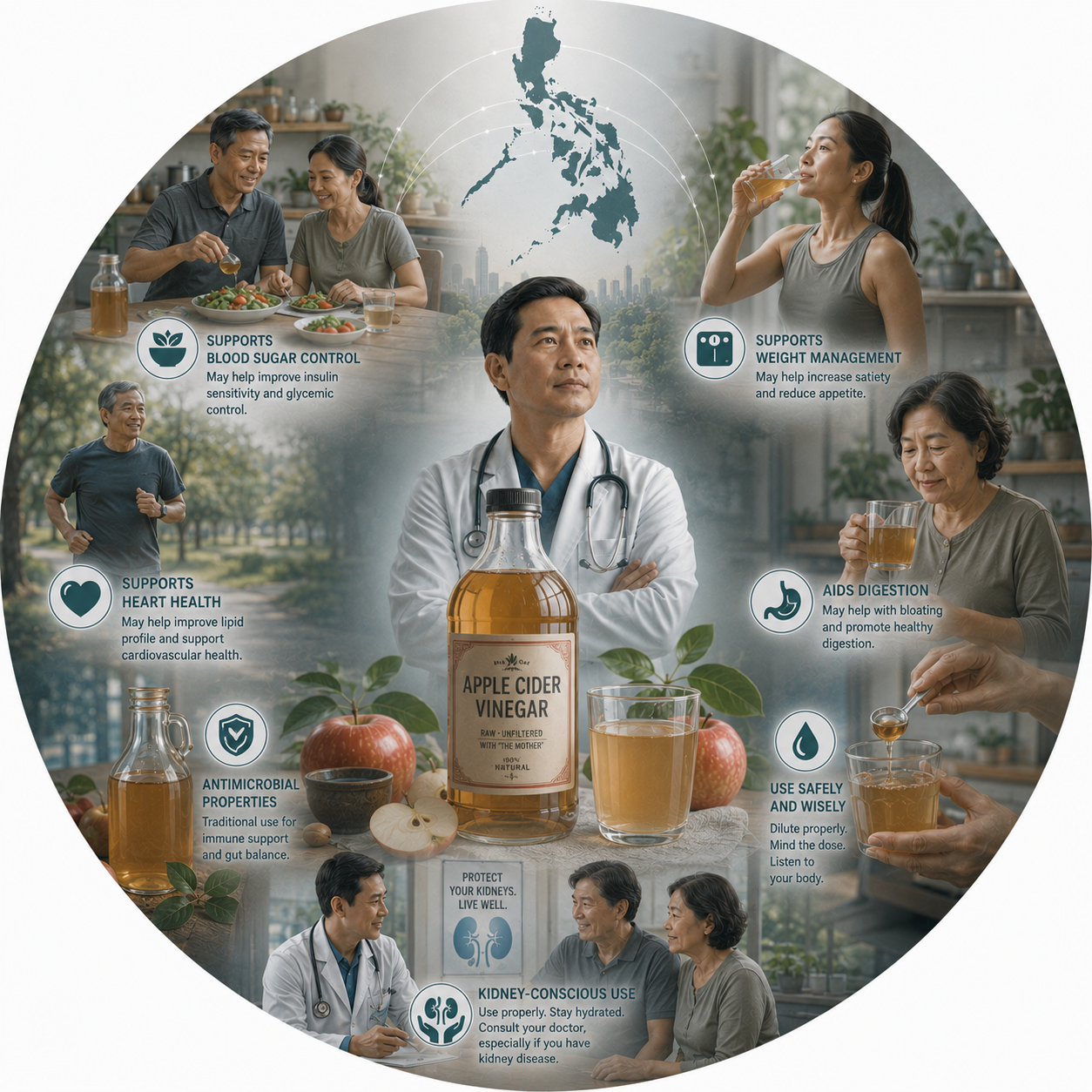 Circular vignette hero illustration for the apple cider vinegar and kidney-health guide.
