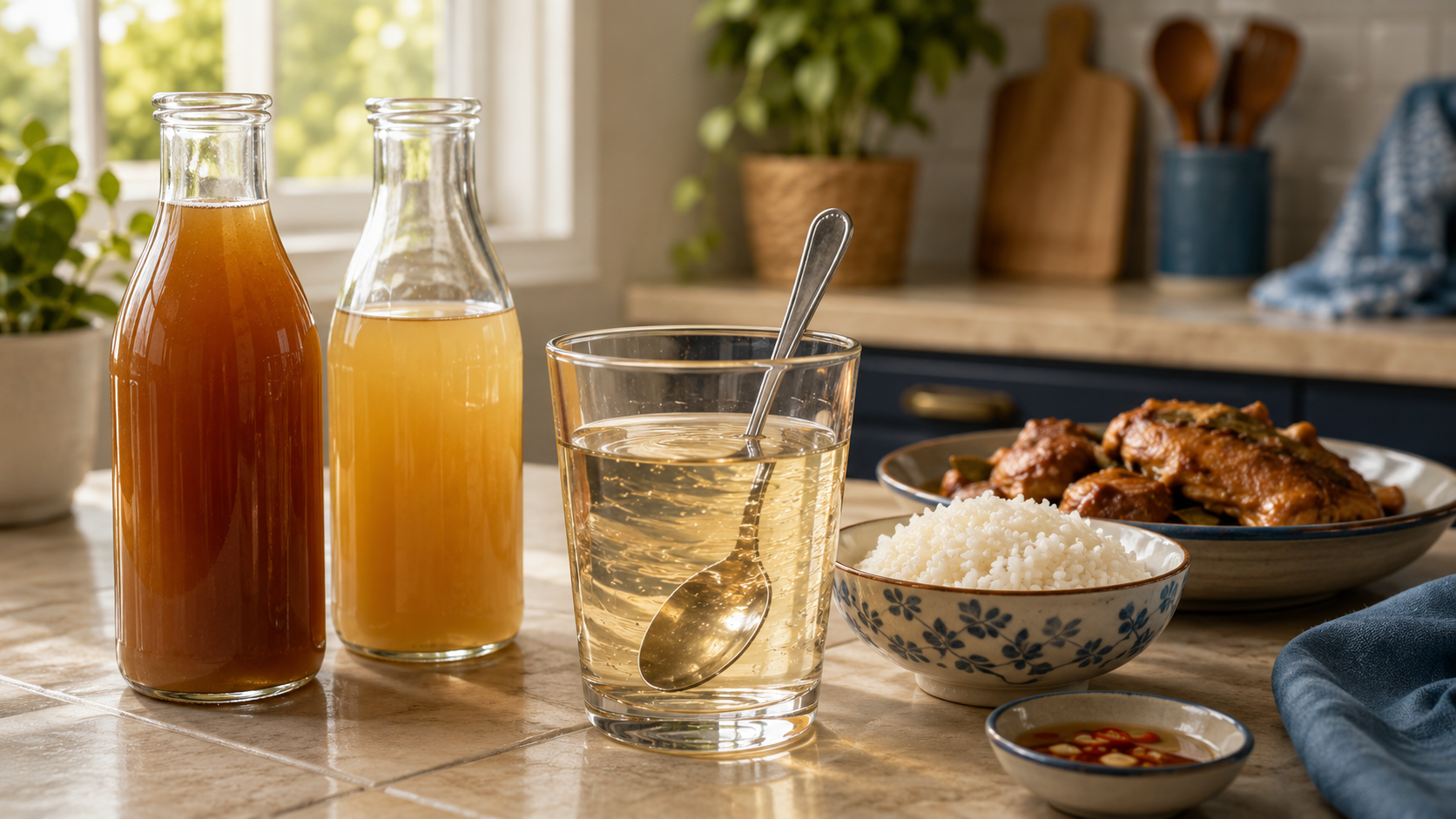 Filipino kitchen counter with local vinegar bottles, a glass of diluted vinegar, and a traditional Filipino meal — illustrating how to use vinegar safely as a daily dietary adjunct