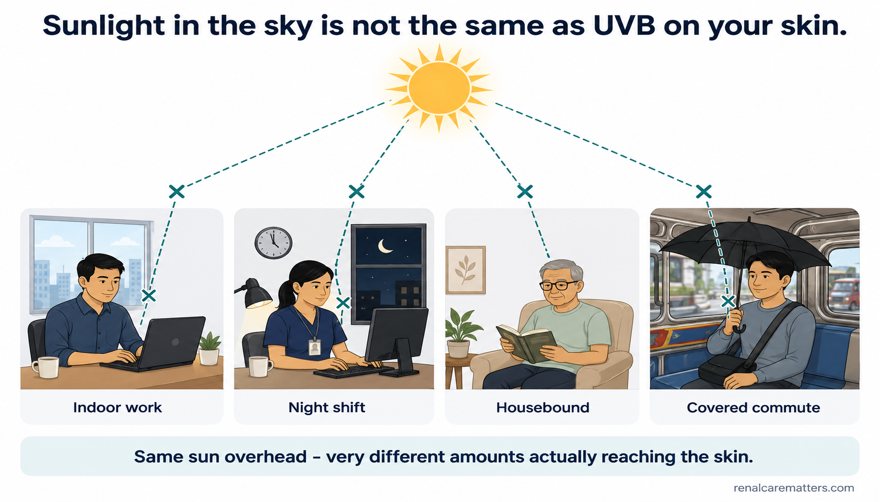 Four everyday Filipino scenes under one shared sun — indoor work, night shift, housebound, and covered commute — each with an interrupted ray, showing that little UVB actually reaches the skin.