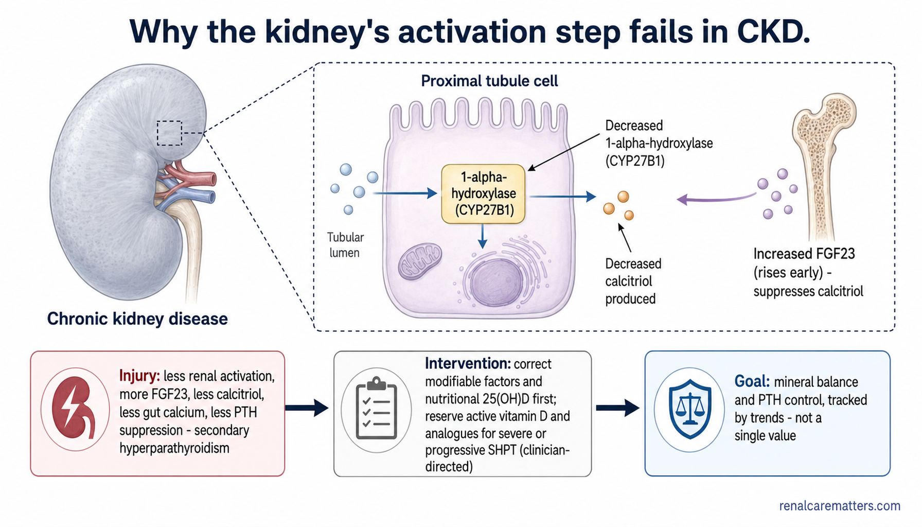 A review-article mechanism schematic: a CKD kidney with a magnified proximal-tubule inset showing reduced 1-alpha-hydroxylase and calcitriol with an early FGF23 rise, and a bottom injury-to-intervention-to-benefit flow ending in mineral and PTH control tracked by trends.
