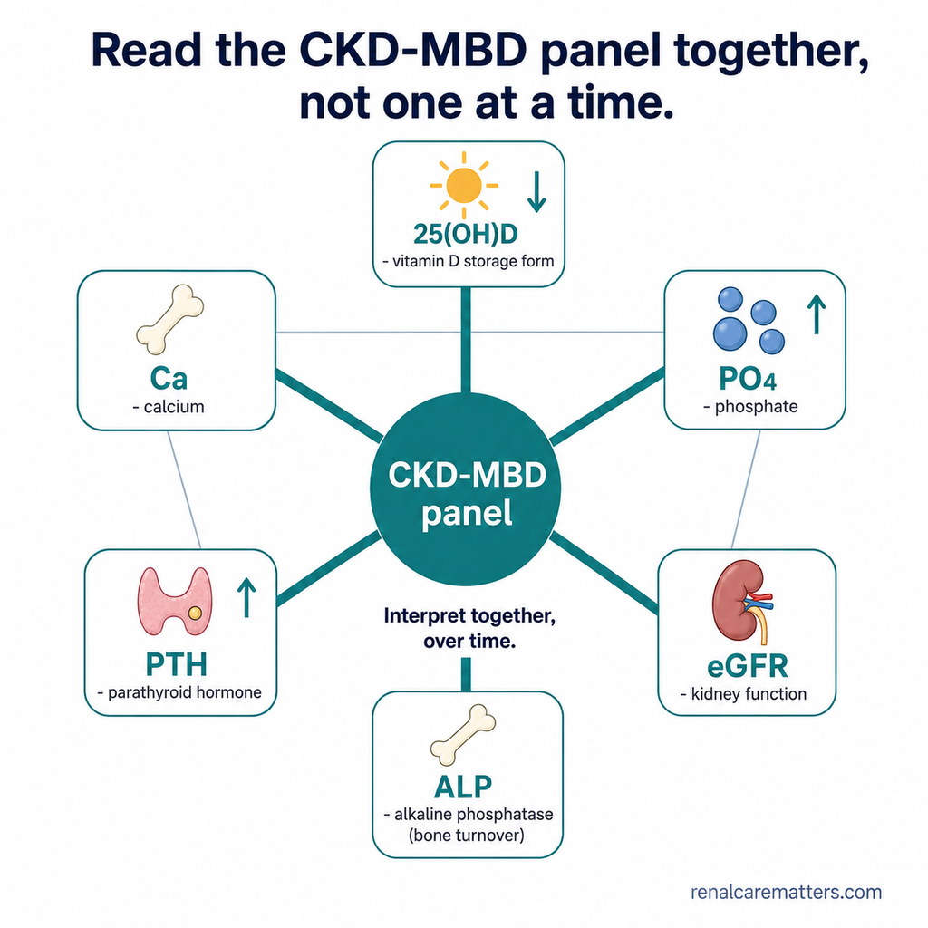 A radial hub-and-spoke diagram with a central CKD-MBD panel and six satellite labs — 25(OH)D, calcium, phosphate, PTH, ALP, and eGFR (estimated glomerular filtration rate) — joined by primary spokes and lighter interaction lines, with trend arrows and a note to interpret them together over time.