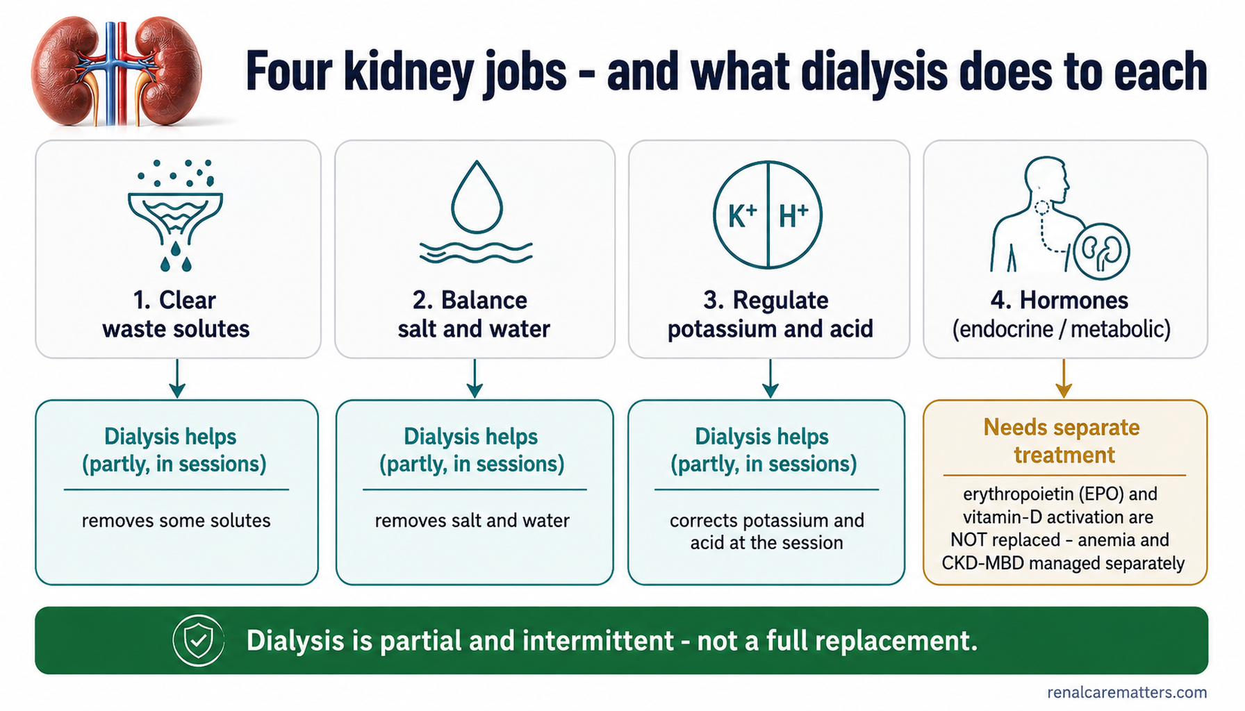 Four kidney jobs in a top row — clear solutes, balance salt and water, regulate potassium and acid, and endocrine/metabolic hormones — with a bottom row showing what dialysis replaces partly and what still needs separate treatment.