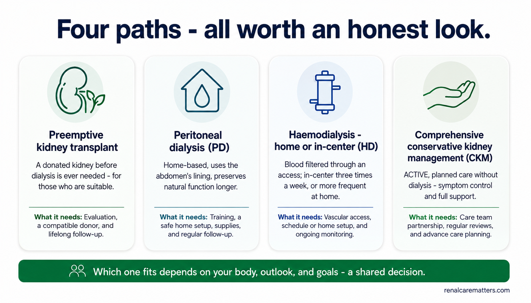 Four equally sized option cards side by side — preemptive kidney transplant, peritoneal dialysis, hemodialysis (home or in-center), and comprehensive conservative kidney management — each with an icon, a one-line description, and 'what it needs', shown at equal visual weight.