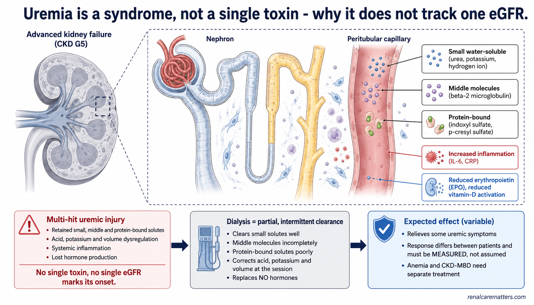 Mechanism schematic: a failing kidney (organ panel) links to a magnified nephron-and-bloodstream inset showing three retained solute classes plus inflammation and lost hormones; a bottom flow runs from the multi-hit uremic injury, through dialysis as partial and unequal clearance, to variable symptom benefit that must be measured.