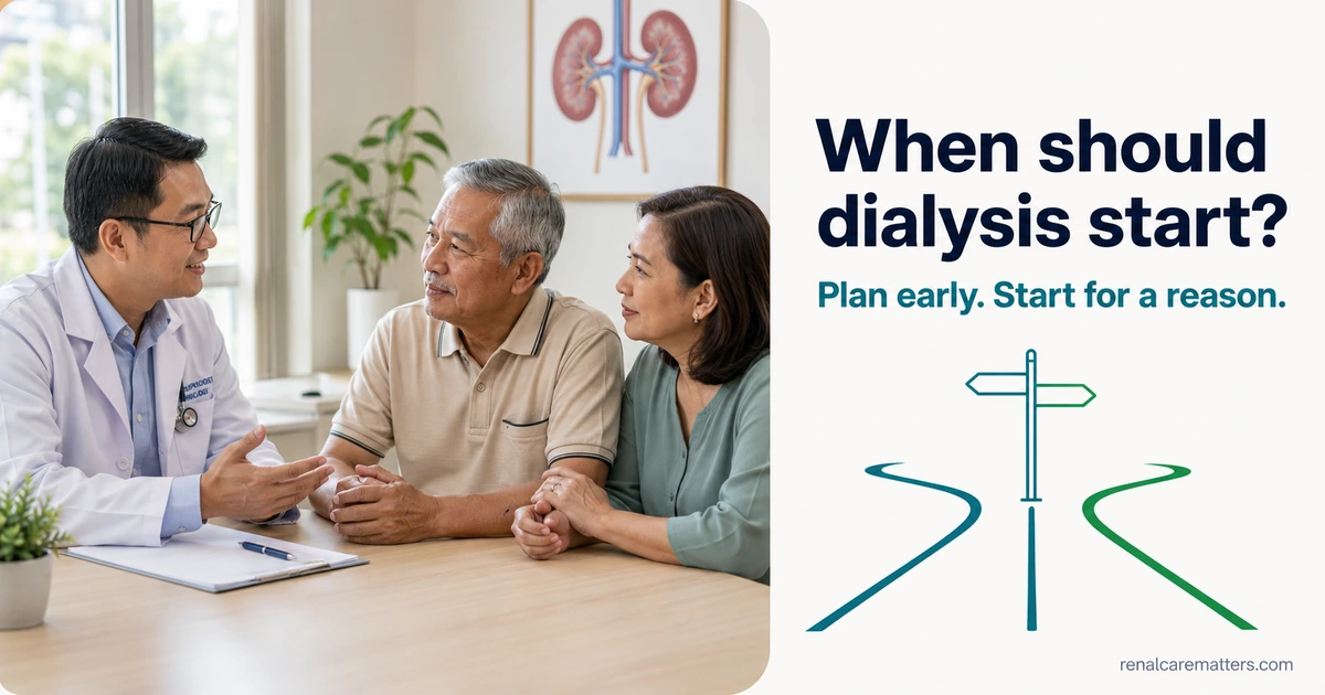 A calm Filipino clinician-and-patient conversation about when dialysis should start — a decision path, not a single number.