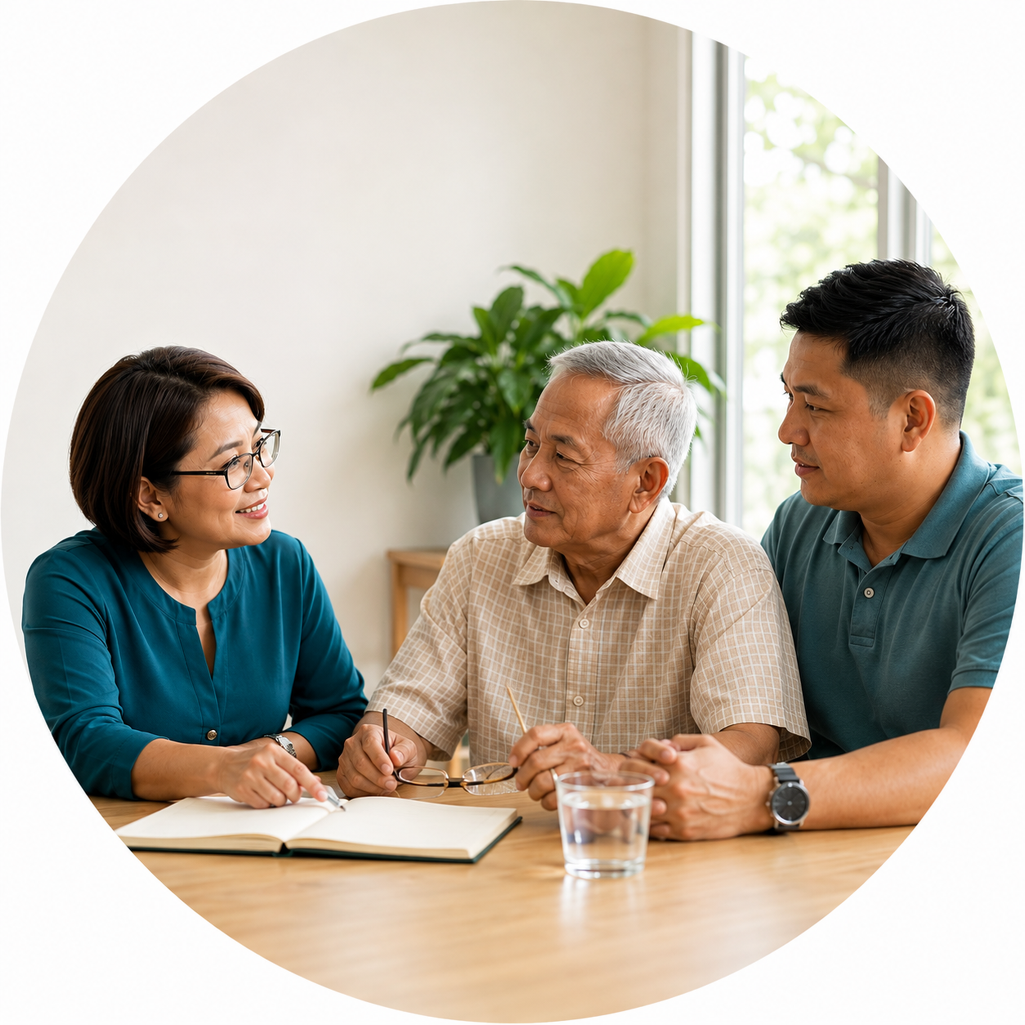 A calm conversation between a Filipino patient, family, and kidney team about the timing of dialysis — a decision path rather than a single number.