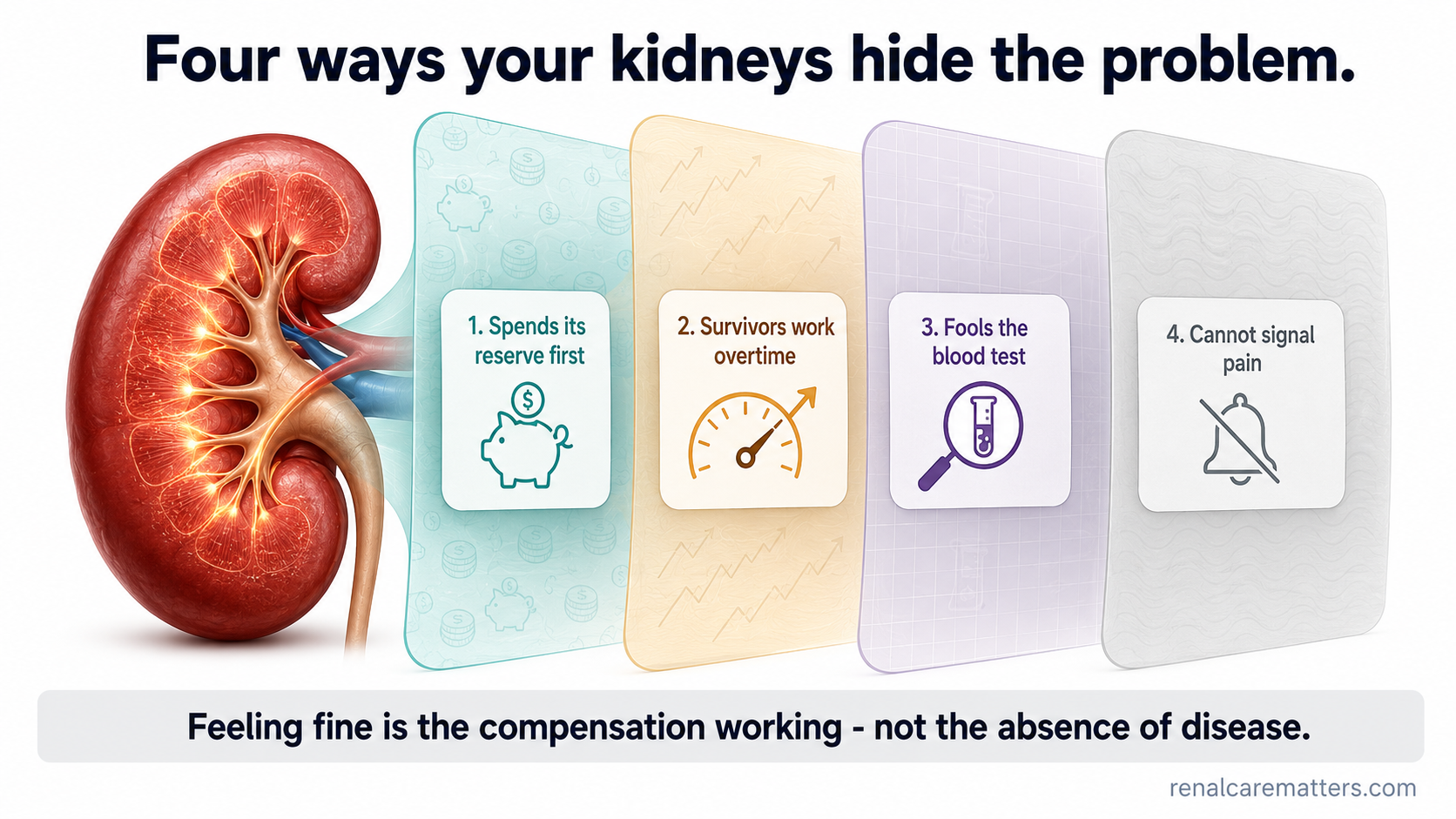 A stacked-veil diagram: four translucent layers over a straining kidney — reserve spent, survivors magnify, the test compensates, and no pain signal — each veil making the organ harder to see.