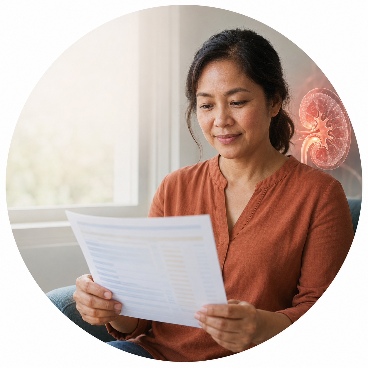 A Filipino patient looking calmly at a normal-looking lab report while, behind them, a cutaway kidney shows enlarged, straining filters — a normal number over abnormal effort.