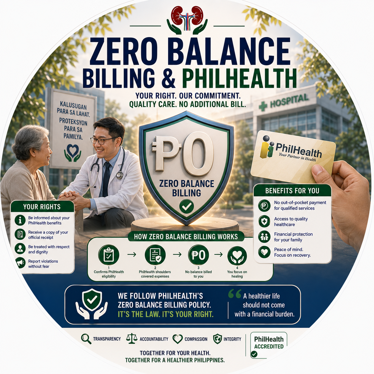 Circular vignette hero illustration for the PhilHealth zero-balance-billing guide.